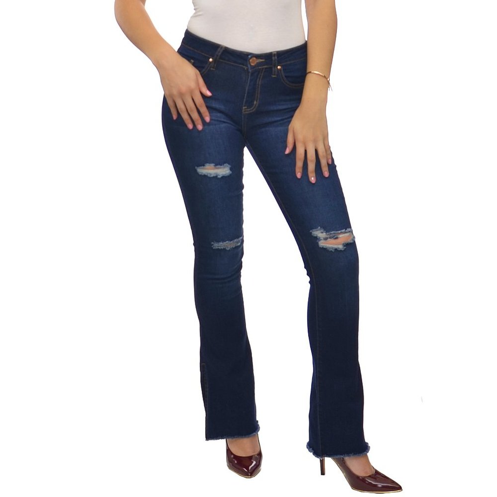 JUNIOR MID-RISE DISTRESSED DENIM FLARE JEAN W/SLIT